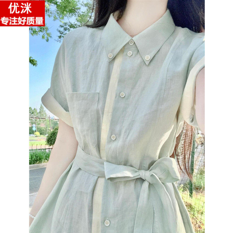女大童翻领撞色衬衫连衣裙夏季初中生气质高级感女孩森系甜美长裙