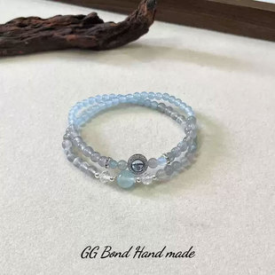 【初霁】天然白水晶灰月光海蓝宝双圈手链女款小众质感蓝玉髓手串