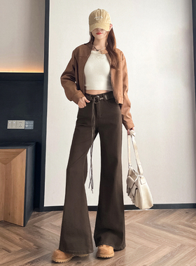 甜甜圈Tia 加绒小个子喇叭阔腿牛仔裤女咖啡高腰显瘦弹力拖地裤