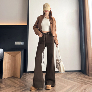 女咖啡高腰显瘦弹力拖地裤 甜甜圈Tia 加绒小个子喇叭阔腿牛仔裤