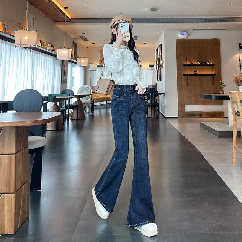 甜甜圈Tai喇叭牛仔长裤女百搭深戴蓝高腰显瘦弹力修身垂感拖地裤