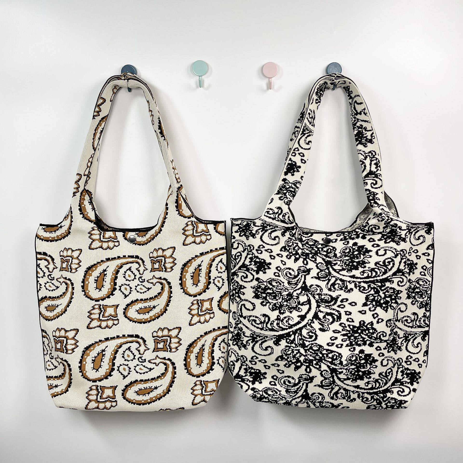 跨境日韩新款小众设计图案针织单肩手提包女个性百搭大容量托特包