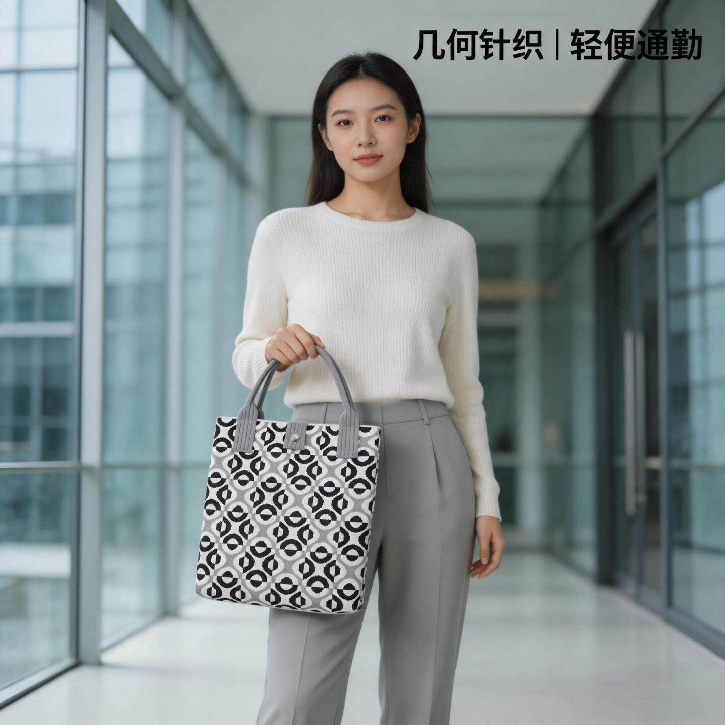 几何针织托特包女通勤大容量手提包简约百搭包轻便折叠收纳包