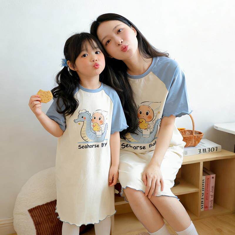 夏季薄款纯棉少年亲子睡衣女孩独角兽儿童母女七岁七十岁女童睡裙