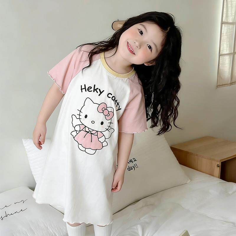 夏季薄款纯棉加大码潮款休息服十二睡衣儿童女孩条纹花朵女童睡裙