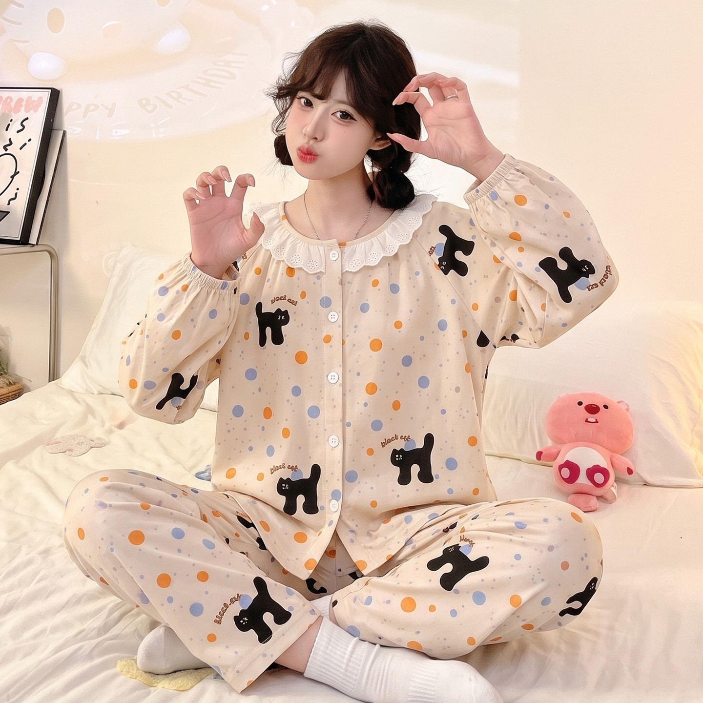 儿童睡衣女孩冬薄款云朵棉空调服长袖春秋季动漫两姐妹十三岁女款