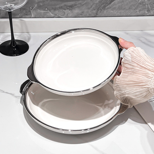 高颜值陶瓷盘子家用菜盘新款网红创意圆形双耳餐盘好看的银边深盘