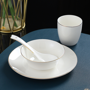 酒店摆台餐具高档会所饭店专用金边骨碟陶瓷三件套四件套盘碗套装