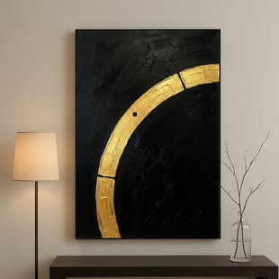现代极简抽象黑金构成主义几何机理画纯手绘油画 玄金之门