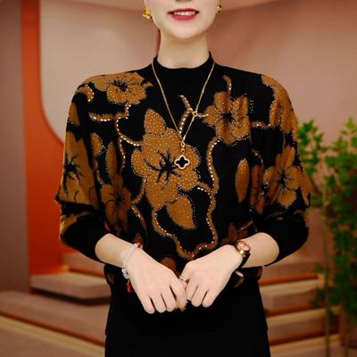 2025秋季新款高档气质圆领烫钻针织衫上衣妈妈装提花毛衣打底衫