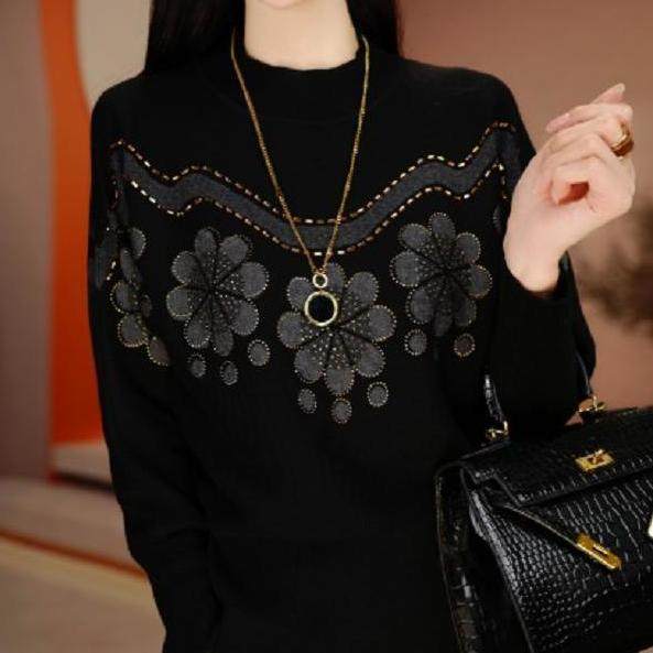 气质通勤大码花色针织衫2025秋冬新款长袖设计感烫钻显瘦女士毛衣,女装/女士精品,毛针织衫,淘宝优惠券,粉丝福利购,淘宝优惠卷