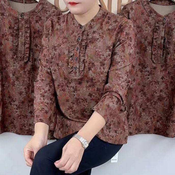 新中式国风碎花长袖T恤2025新款大码妈妈装高贵宽松显瘦洋气上衣,女装/女士精品,T恤,淘宝优惠券,粉丝福利购,淘宝优惠卷