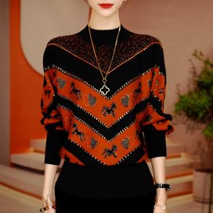 2025秋冬新款 宽松休闲气质百搭毛衣 设计感条纹小马图案妈妈针织衫