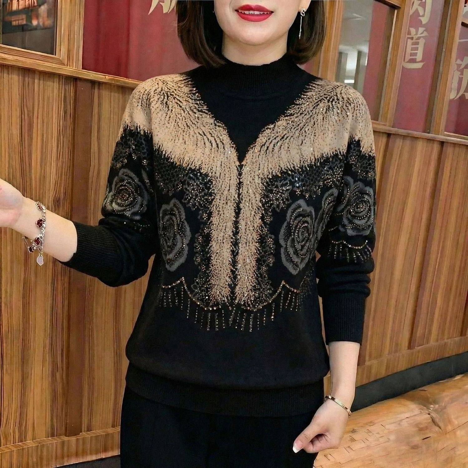 民族风2025秋冬款设计感提花烫钻长袖妈妈针织衫洋气百搭女士毛衣,女装/女士精品,毛衣,淘宝优惠券,粉丝福利购,淘宝优惠卷