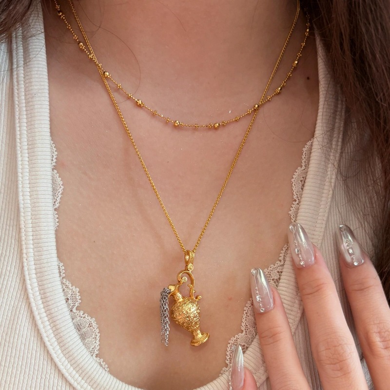 法式轻奢复古老钱风神灯酒壶流苏项链立体个性设计感时尚精致颈链