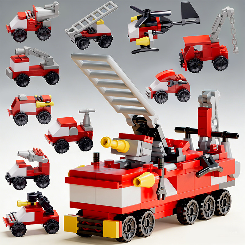 启悟积木消防车儿童益智拼装可合体模型云梯救援车玩具男孩子礼物