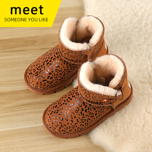 石头纹女童鞋 MEET真皮儿童雪地靴小童棉鞋 加厚加绒童靴亮片宝宝鞋