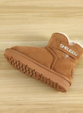 儿童真皮透气雪地靴宝宝冬季魔术贴短靴皮毛一体男童棉鞋学生短靴