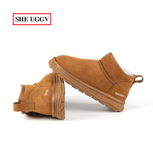 磨砂真皮羊毛男靴一脚蹬雪地棉鞋 牛皮透气男士 雪地靴加绒保暖男鞋