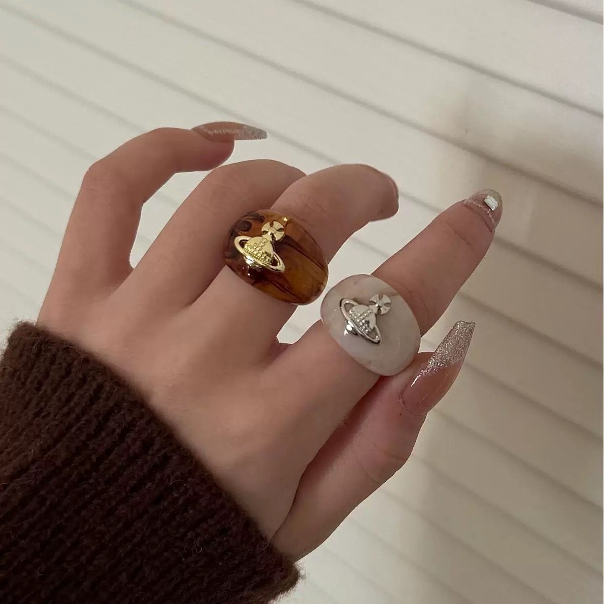 法式土星元素玳瑁色古着小众设计文艺复古优雅懒散星球造型指环戒