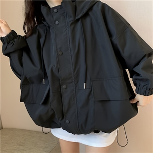 漂亮学生连帽复古上衣 宽松时尚 黑色vintage棒球服外套女春季 新款