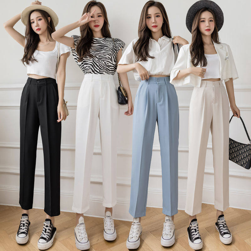 少女高腰直筒西装裤春秋新款工作服小个子时尚百搭蓝色西裤女职业