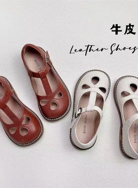森系真牛皮女童皮鞋法式白色公主鞋复古棕色浅口单鞋演出鞋软底