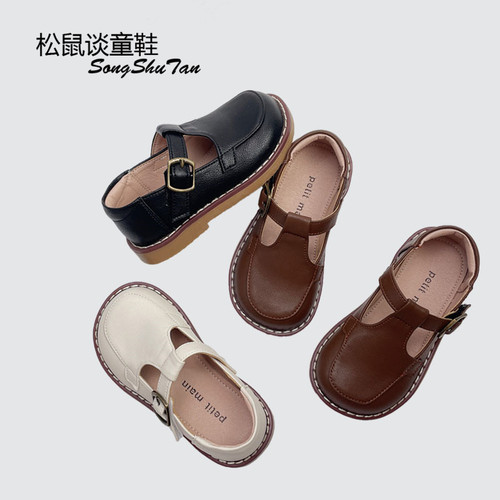 牛皮儿童皮鞋演出鞋黑色软底复古
