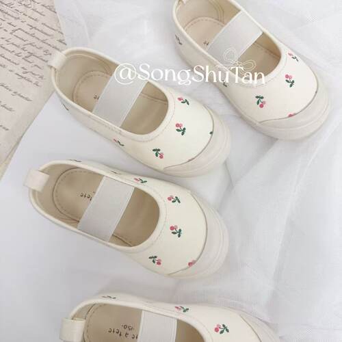 te森系ins女童帆布鞋碎花公主鞋春夏浅口单鞋儿童幼儿园白鞋软底
