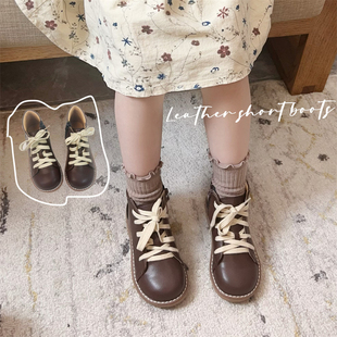 真皮复古儿童牛皮短靴子单靴女童马丁靴男童咖色皮鞋学院轻便软底