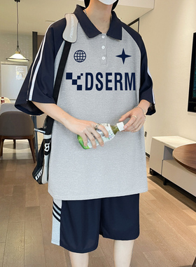 爆款-学院风夏季新款拼接设计polo衫短袖T恤男两件套装50153-P45