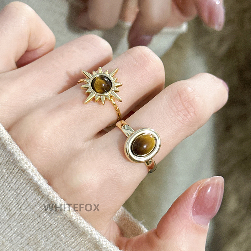 TLZ美拉德复古虎眼石太阳花戒指小众高级感开口椭圆秋冬叠戴尾戒