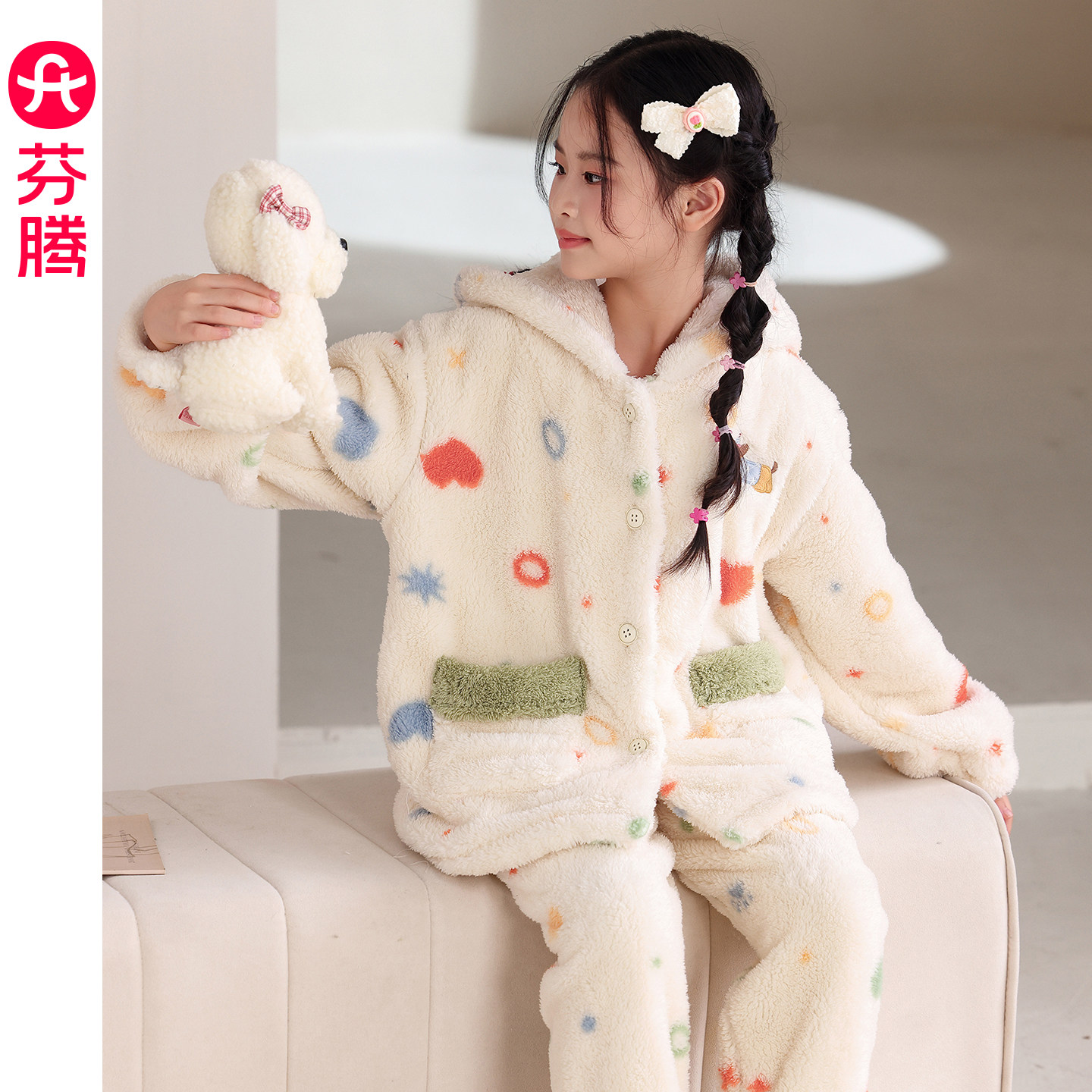 芬腾亲子睡衣秋冬季珊瑚绒连帽套装女童儿童中大童加绒母女家居服