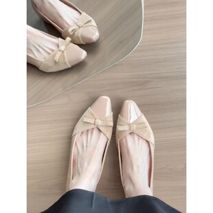 软底玛丽珍女鞋 内5cm裸色蝴蝶结漆皮单鞋 女气质一脚蹬通勤鞋