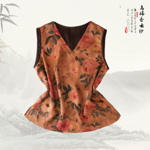 品牌新款 香云纱桑蚕丝国风新中式 V领印花上衣419331