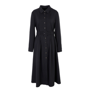 压褶长袖 连衣裙优雅黑色系带收腰长裙33937