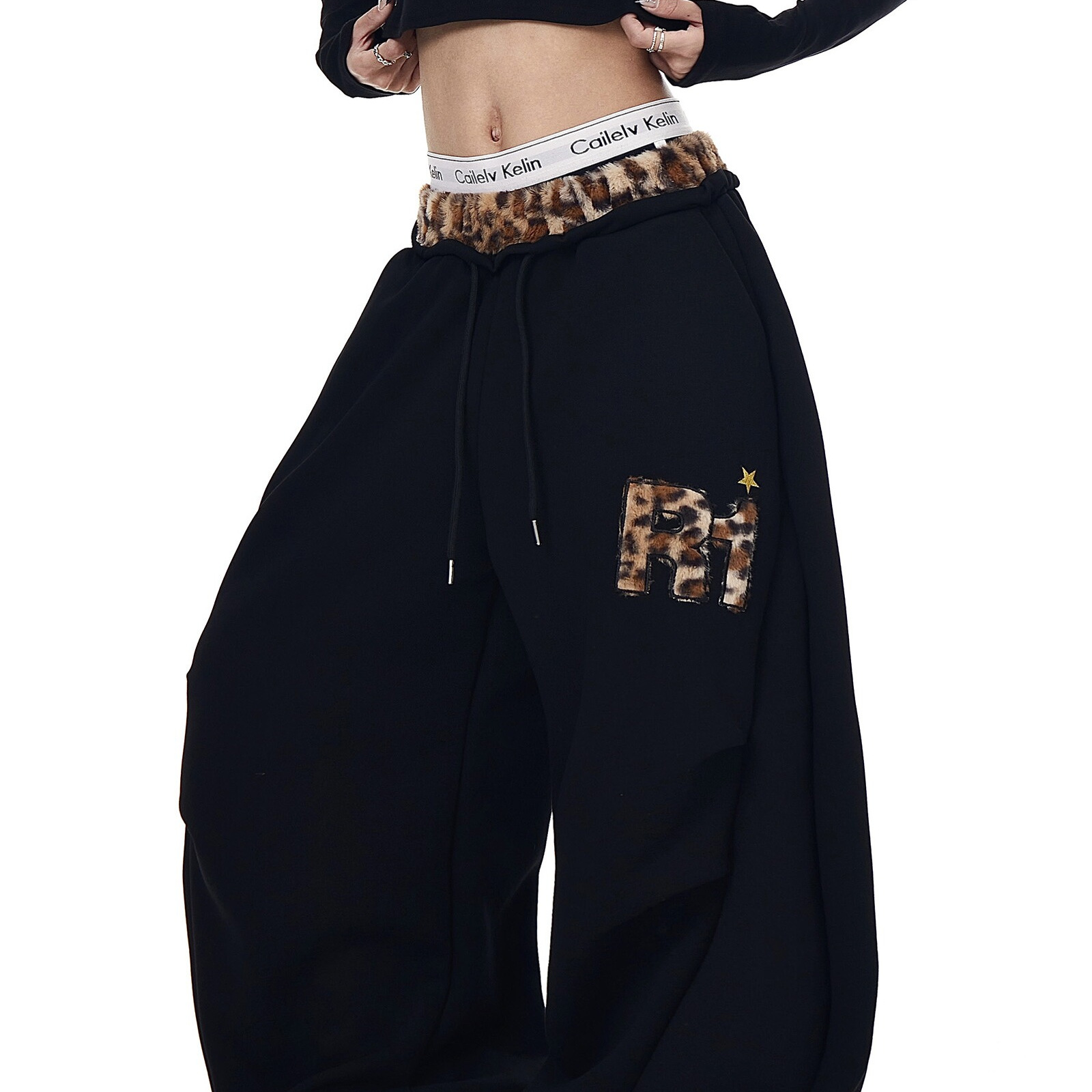 美式复古豹纹拼接运动卫裤