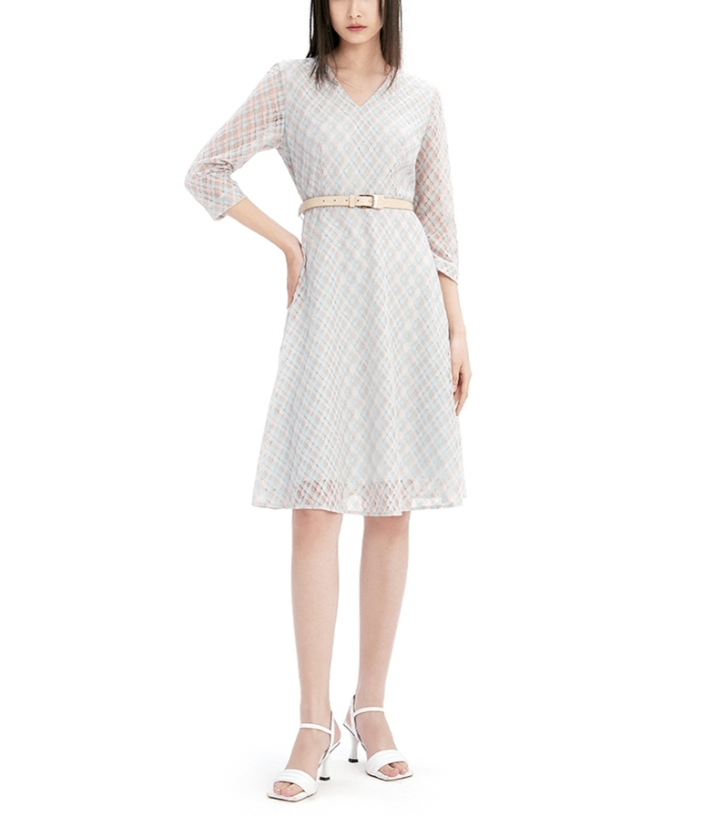 Ellassay歌力思22早春新款色织股线格子蕾丝连衣裙ewb331y