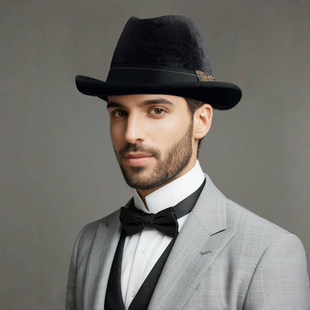 冬季男女同款黑色汉堡帽仿兔毛洪堡礼帽英伦复古爵士帽子保暖防风