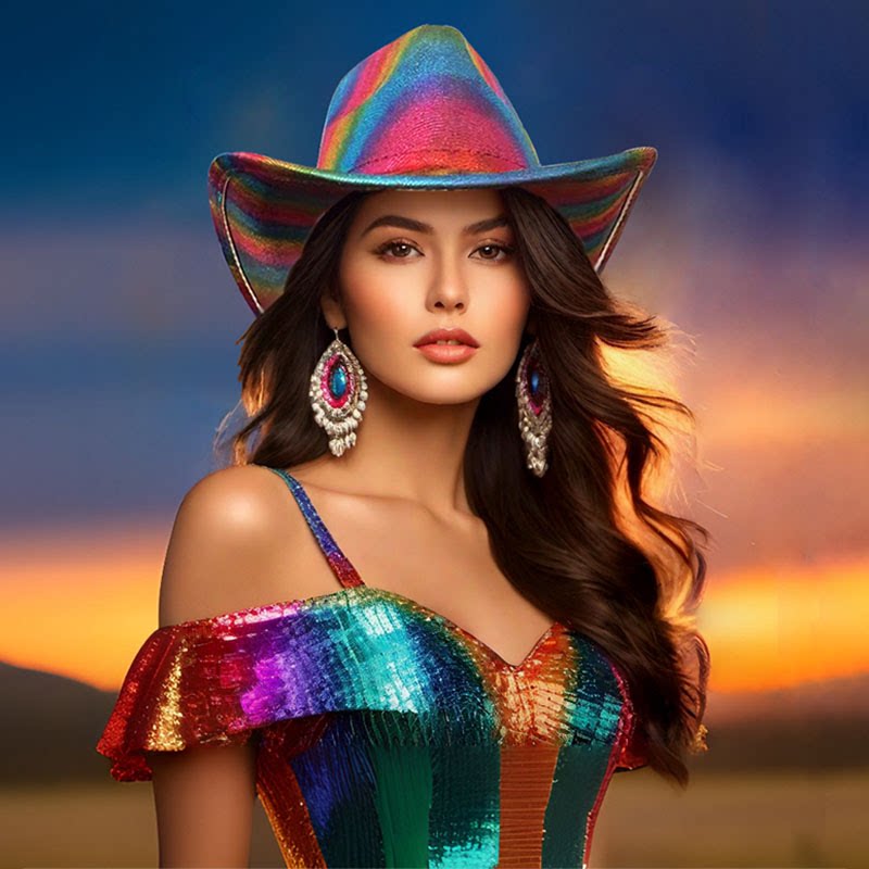 春秋冬季男女同款西部牛仔帽彩色闪亮舞台表演宽檐礼帽欧美风帽子