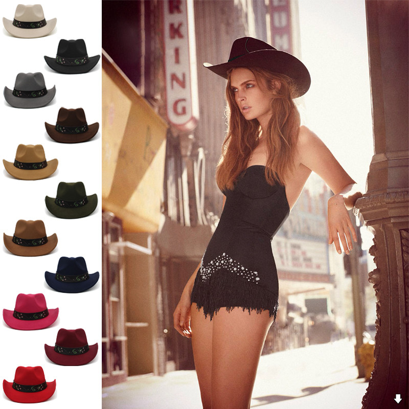 2种帽檐宽度西部牛仔帽春秋冬男女保暖毛呢欧美骑马宽檐礼帽