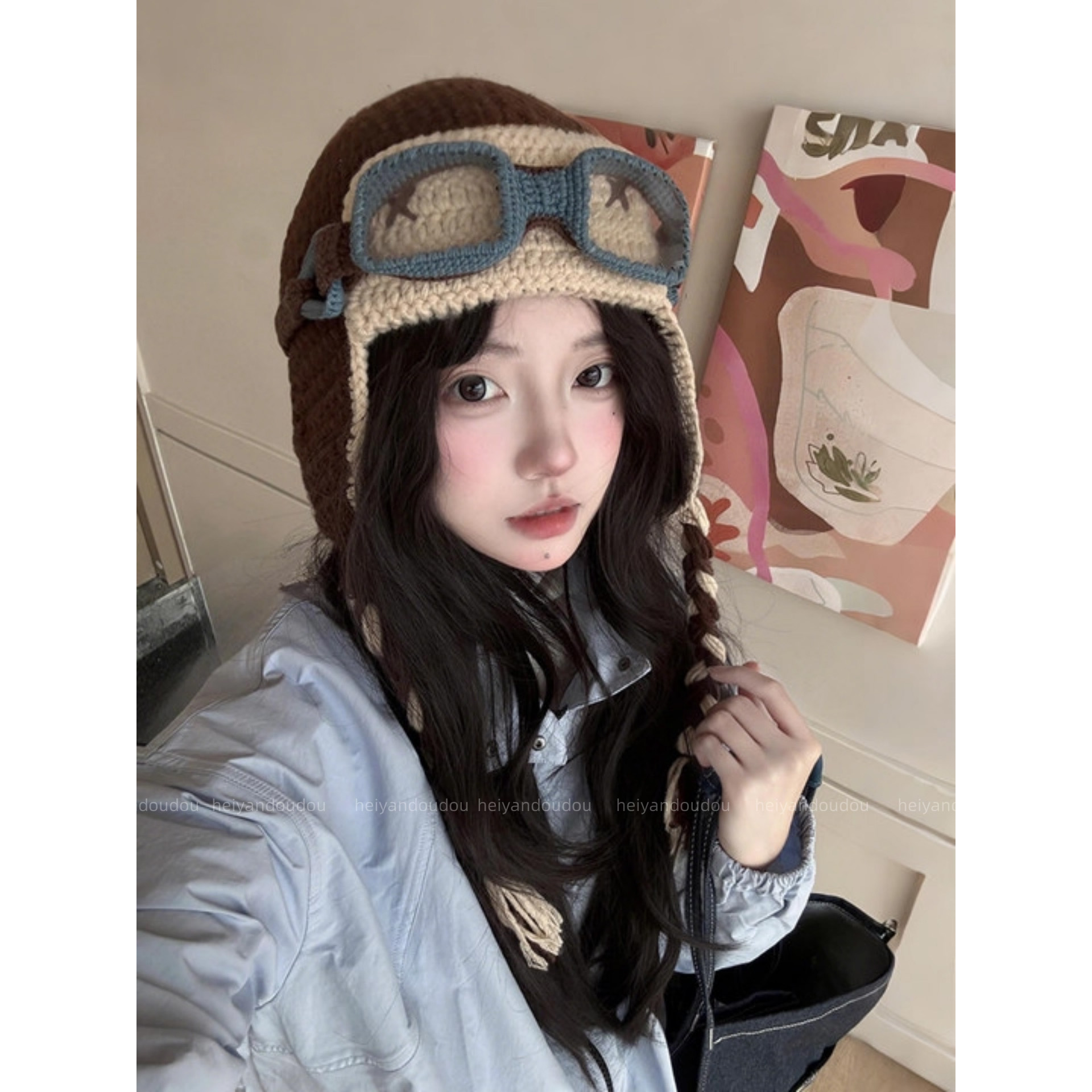 秋冬新款复古飞行员保暖护耳毛线帽子女防寒加厚针织帽显脸小冷帽