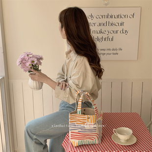 2025新款 日韩小清新便当包彩色线条手拎帆布袋文艺学生手提包女