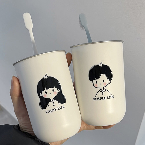 亲子不锈钢洗漱杯子高颜值情侣牙刷杯一家三口简约卡通创意牙缸