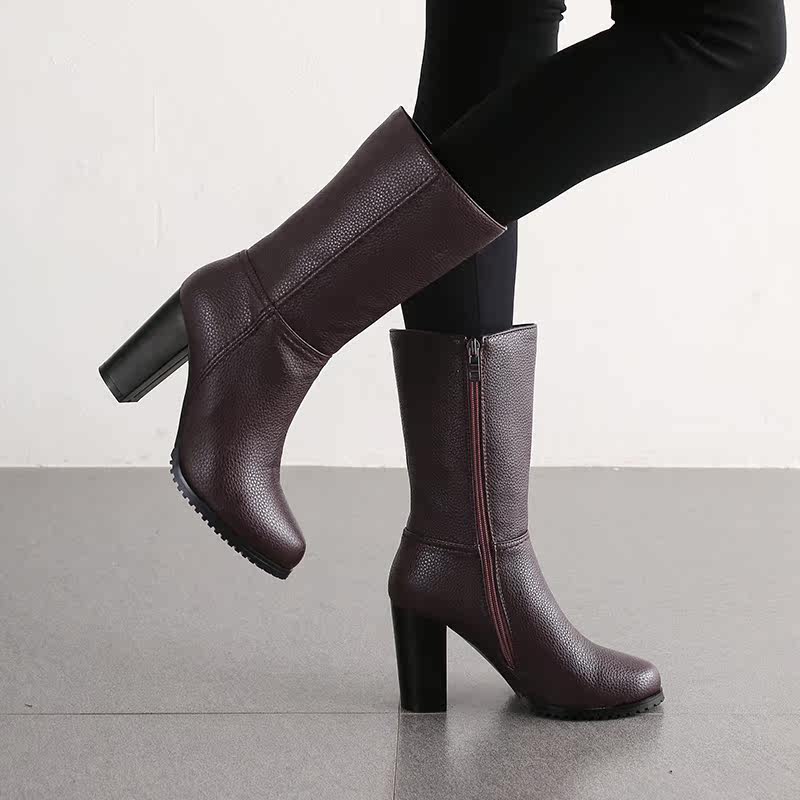 欧美2019秋季粗跟高跟中筒靴女靴子棕色 深酒红侧拉链马丁靴|ruв категории Женская обувь, сапоги - от Buy2taobao.com для оказания профессиональной услуги покупки агента Taobao