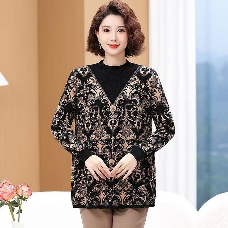 中老年针织套头外套加大加肥时尚百搭中长款毛衣打底衫女