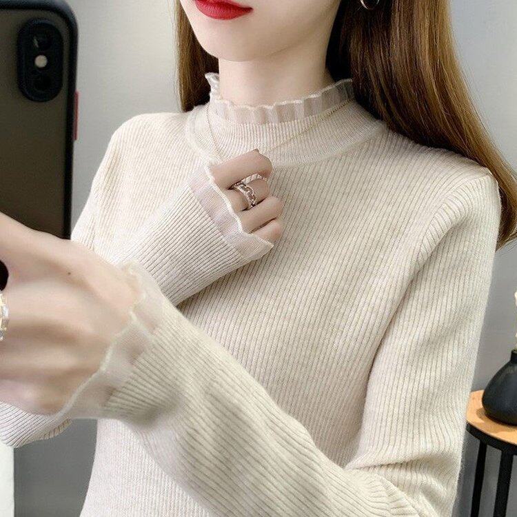 直播爆款2025打底毛衣白色半高领秋冬新款蕾丝边百搭女装