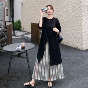 慵懒风黑色中长款开叉T恤阔腿裙裤套装女2025夏新款高级感两件套图片