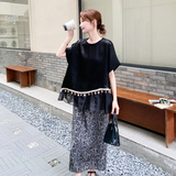 黑色荷叶边拼接T恤套装女2025夏新款法式高级感印花半身裙两件套，女装套装/套裙，2C196