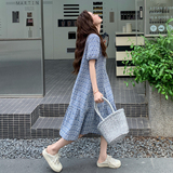 复古蓝色碎花圆领连衣裙女2025夏季新款独特别致宽松小个子a字裙，女装连衣裙，2C196